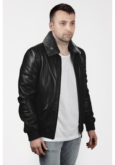 Derije Kelvin Hakiki Jumbo Deri Erkek Siyah Seyyar Kürk Yaka Mont Siyah