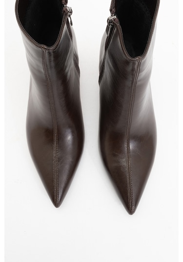 Noya Kahverengi Cilt Sivri Burun Kadın İnce Topuklu Bot Kahverengi Deri