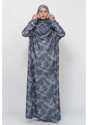 Pratik Tek Parça Ağaç Desenli Kollu Tak Çıkar Başörtülü Likralı Tesettür Namaz Elbisesi 990-0705 Gri Antrasit