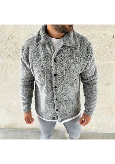 Erkek Pelüş Polar Hırka Gömlek Yakalı, İlik Düğmeli, Göğüs Cepli, Yumuşak Dokulu Kışlık Regular Fi Gri
