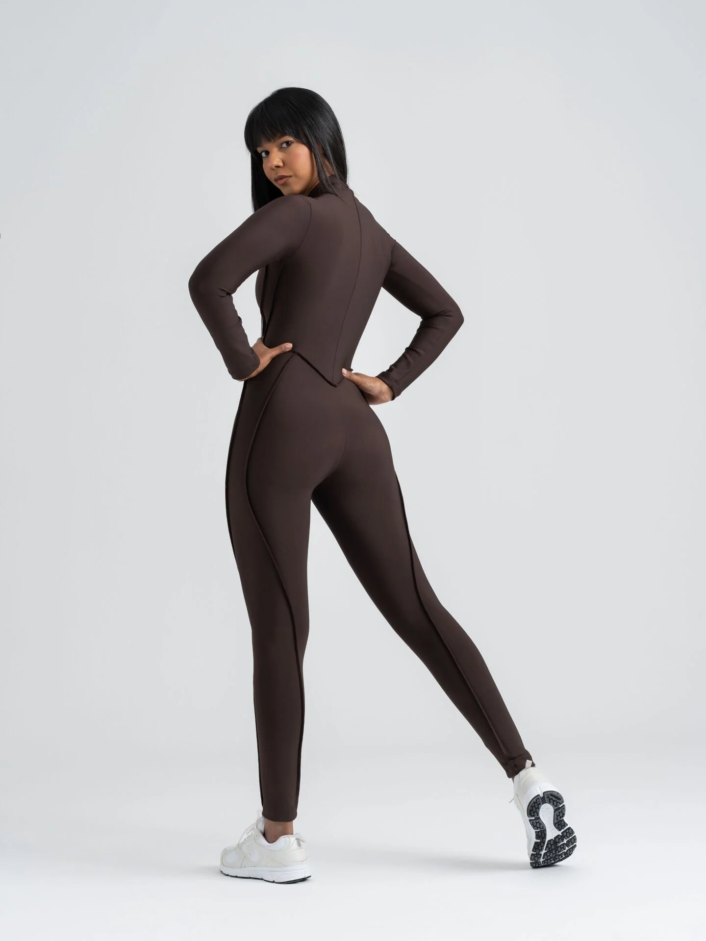 Dikişle Modellenmiş Spor Tayt Tulum Kahverengi