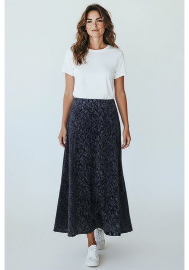 Kadın Beli Lastikli Desenli Sekiz Parça Balık Etek Lacivert