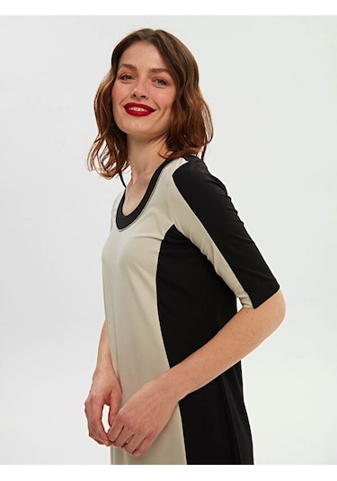 Renk Bloklu Zincir Nakış Detaylı Örme Elbise 66294 001