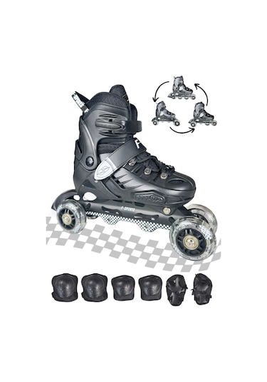 Black Seri Tek Teker Işıklı Paten Koruma Seti 2+2 Çocuk Pateni Taşıma Çantalı 3 İn 1 Siyah