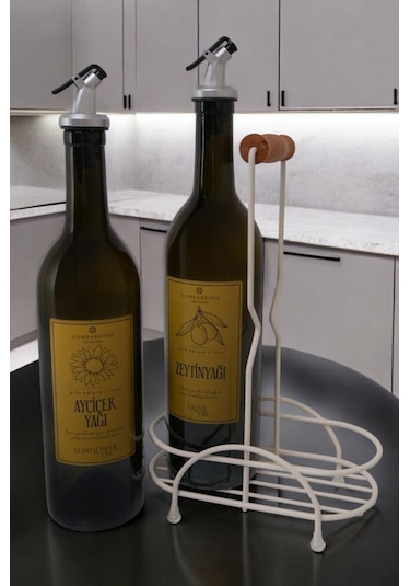 Digithome Petra 2'li Krem Metal Standlı Ahşap Saplı Yağdanlık Seti Gold Etiketli Amber Yağlık 750 Ml Krem