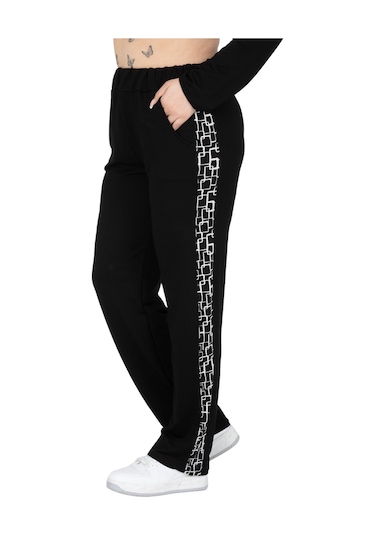 Melsay Butik Siyah Kare Şeritli Büyük Beden Kadın Eşofman Takımı Siyah