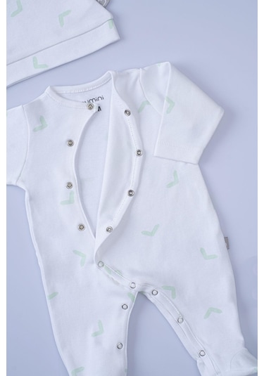 Boumini Bebek Patikli Tulum Şapka Set Beyaz Desenli Yeşil Tik Yeşil