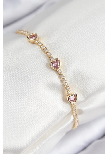 Dodes Dodes Pirinç Zirkon Taşlı Pembe Kalp Model Gold Renk Kadın Bileklik Tg27bb7687 Çok Renkli