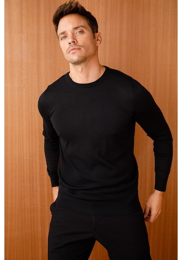 Desen Triko Erkek Basic Sıfır Yaka İnce Triko Kazak 02421603 Siya Siyah