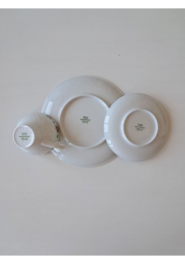 Trio Antıque Tea Cup & Saucer & Plate Üçlü Çay Fincanı Pembe Mavi Pembe-mavi