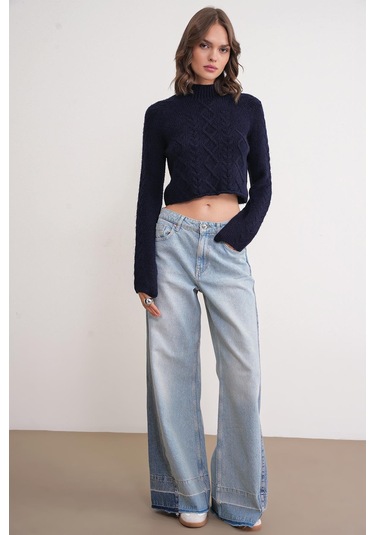 6855 Kadın Dik Yaka Saç Örgülü Triko Kazak Lacivert Lacivert