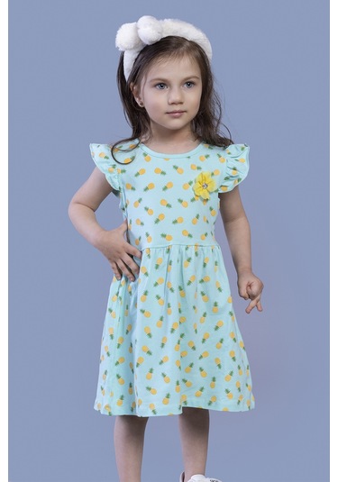 Toontoy Kız Çocuk Komple Ananas Baskılı Çiçek Aksesuarlı Elbise Su Yeşili