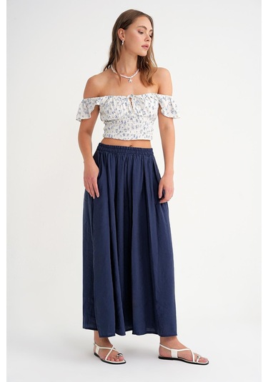 4612 Kadın Yandan Cepli Pileli Bol Etek Lacivert Lacivert