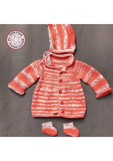 Uretti - Talia 8659 - 8763 El Örgüsü Kız Çocuk Hırka - Şapka - Patik 3'lü Takım - 2 Yaş Yavruağzı