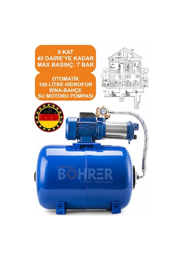 Böhrer 6 Kademeli 8 Kat 25 Daire 'ye Kadar 2.25hp 100l Hidrofor Set