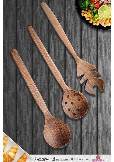 Doğal Ceviz Ağacı Ahşap Tahta Kaşık Seti Ağaç Kaşık 3 Lü Set 05
