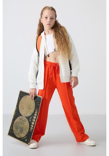 Tommy Life Portakal Cepli Ön Dikiş Detaylı Geniş Paça Kız Çocuk Eşofman Altı -75144 Turuncu