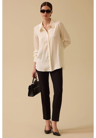 Seçil Kadın Gizli Düğmeli Saten Gömlek 0038 Ekru Ekru