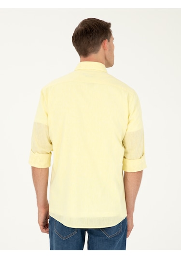 Cacharel Sarı Slim Fit Keten Karışımlı Gömlek
