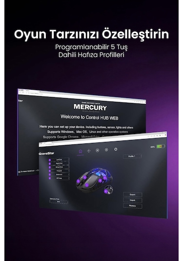 Gravastar Mercury X Rgb 32k Dpı Optik Gaming Mouse, Kablosuz, Magnezyum Alaşımlı, Programlanabilir 5 Mercury X