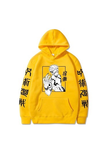 Japon Anime Komik Sukuna Baskılı Grafik Kapşonlular Kış Polar Spor Gömlek Japon Tarzı Jujutsu Kaisen Sweatshirtler Harajuku Sokak Giyimi Kadınlar İçin Sarı