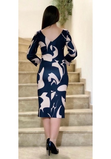 Modatalika Kadın Desenli Yakada Taş Detayı Truvakar Kollu Şık Midi Boy Elbise BEJ Bej