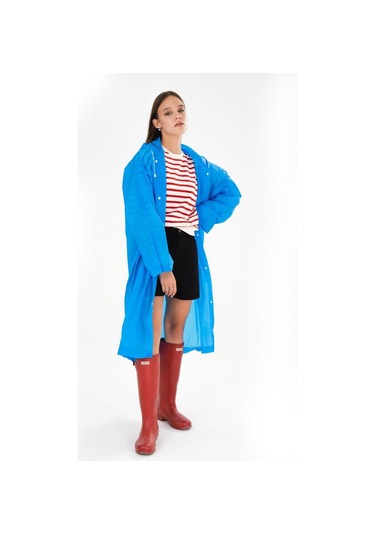 Unisex Kadın Ve Erkek Yağmurluk %100 Eva Çıtçıtlı Kapüşonlu Mavi