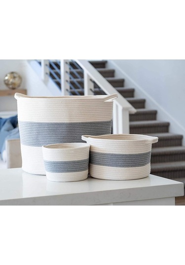 3lü Jüt Pamuklu Sepet, Bebek Eşya Toplama Sepeti, Battaniye Sepeti Oyuncak Sepeti, Yastık Sepeti Gribeyaz