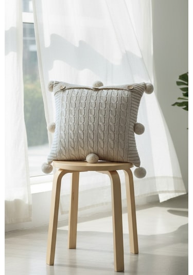 Ponponlu Triko Örme Kırlent Kılıfı - 40x40 Cm Kare Yastık Kılıfı - Koyu Krem Koyukrem Koyu Krem