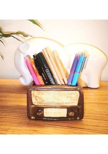 Artepieza Retro Radyo Sukulent Saksısı Ve Kalemlik - Masaüstü Dekoratif Organizer Kahverengi 12 8 12cm
