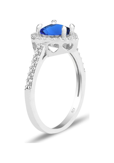 Gümüş Rodyumlu Safir Taşlı Pırlanta Montürlü Kalp Modeli Yüzük