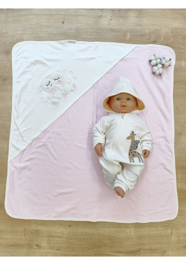 %100 Pamuklu & Mevsimlik Bebek Battaniyesi - Kahverengi & Ayıcık Nakışlı Bebek Örtüsü 80x90 Cm Pembe