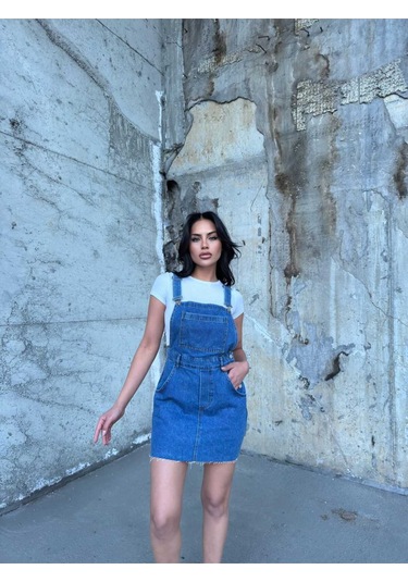 Shevega Kadın Mavi Ucu Kesik Kanguru Cep Etekli Bahçivan Kot Tulum Mavi