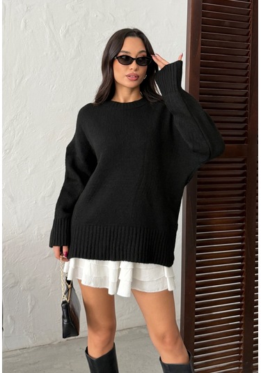 Kadın Yumuşak Dokulu Bisiklet Yaka Oversize Basic Triko Kazak Siyah