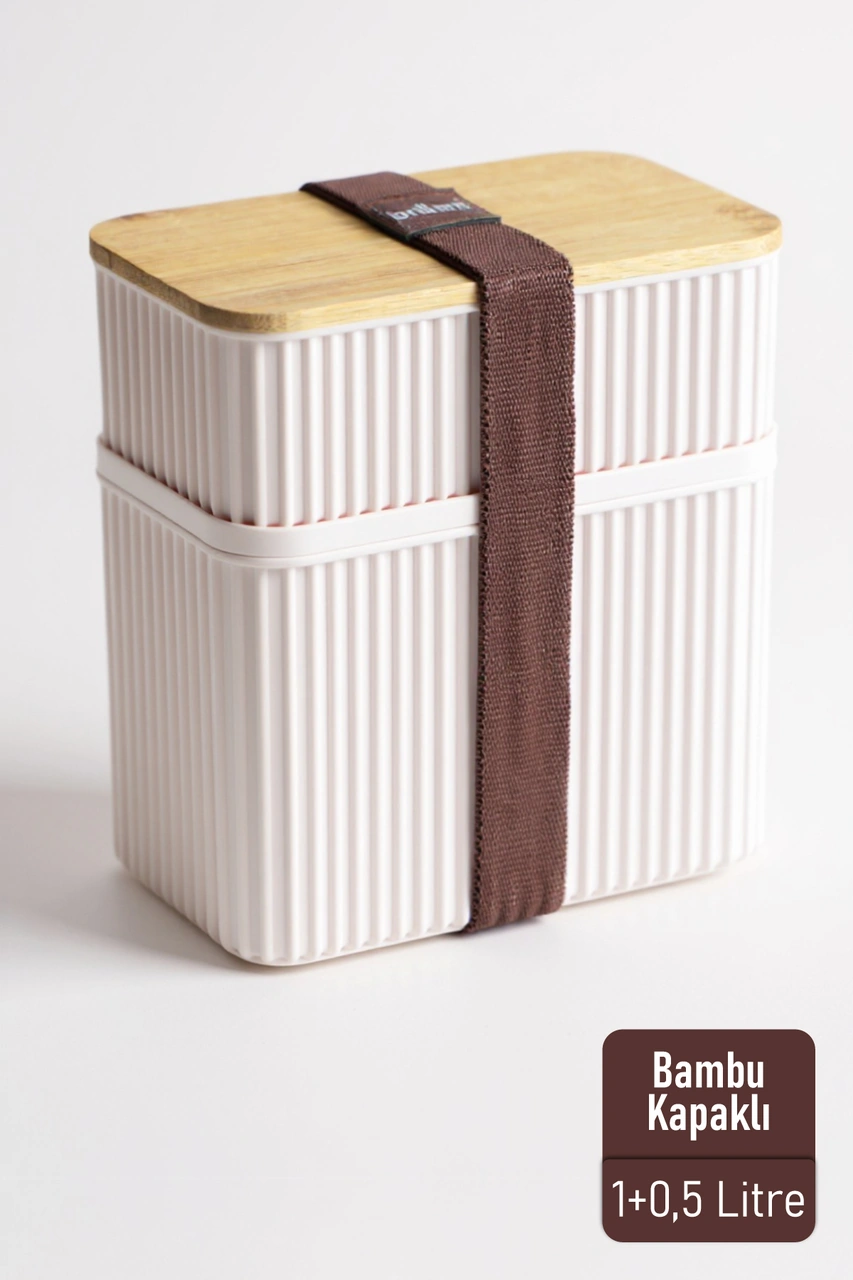 İronika 1+0,5 Lt Bambu Kapaklı Erzak Gıda Bakliyat Saklama Kabı Mutfak Organizeri Ekru