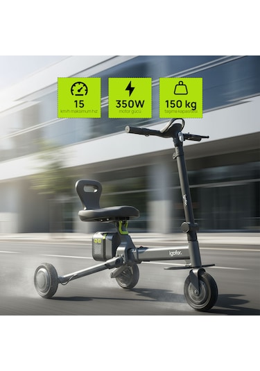 İgofor 3 Tekerlekli Katlanabilir Elektrikli Oturulabilir Scooter Gri