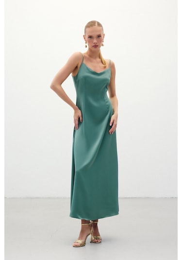 Sateen Askılı Uzun Saten Elbise - Mint-136328 Mint