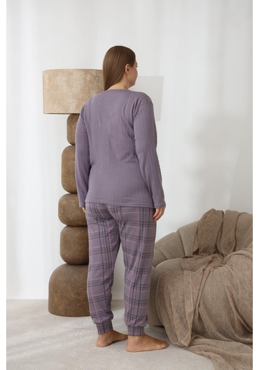 Lindros Kadın Pamuk'lu Düğme Yaka Raporlu İnterlok Kışlık Battal Pijama Takımı 0267 - 1 Adet Füme