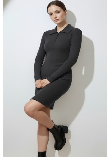 Kadın Fermuarlı Polo Yaka Gri Elbise Çok Renkli