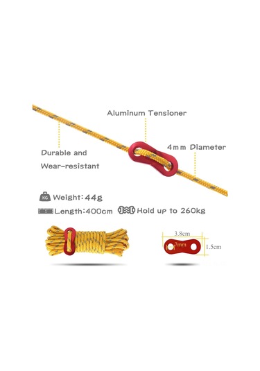 Lemestar 10 Adet 4mm 600d Polipropilen Işık Yansıtan Çadır Güvenlik Teli, Alüminyum Ayarlayıcı, 4m Uzunluk, 260kg Yük Dayanımı, Taşıma Çantası Dahil Siyah