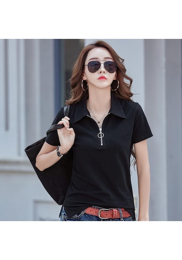 Siyah Fermuar Turn-down Yaka T Gömlek Kadın Kısa Kollu Yaz Üstleri Pamuk Tshirt Kadın Kore Giysileri Tee Gömlek Femme Siyah Siyah Fermuar Turn-down Yaka T Gömlek Kadın Kısa Kollu Yaz Üstleri Pamuk Tshirt Kadın Kore Giysileri Tee Gömlek Femme Siyah