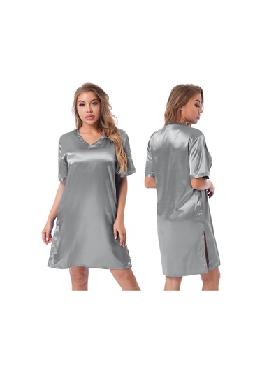 Gri Kadınlar Katı Renk Saten Gecelik Yumuşak Rahat Pijama Gecelik Gri