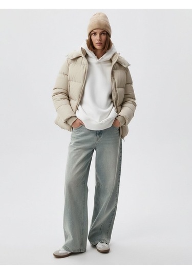 Kapüşonlu Fermuarlı Şişme Bej Mont Bej