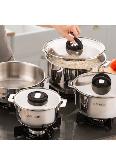 Emsan Steel Click 7 Parça Tencere Seti Açık Gri Gümüş