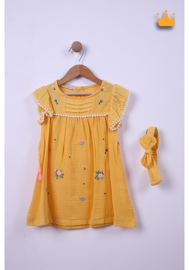 Babyhola %100 Pamuk Kız Bebek Çocuk Çiçek Nakışlı Bandanalı Elbise 4949 001