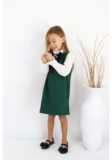 Kız Çocuk Vanessa Broş Detaylı Tüvit Zümrüt Uzun Kollu Elbise