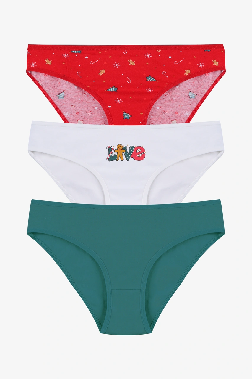 Kadın 3'lü Pamuklu Basic Külot 11040 Kırmızı - Beyaz