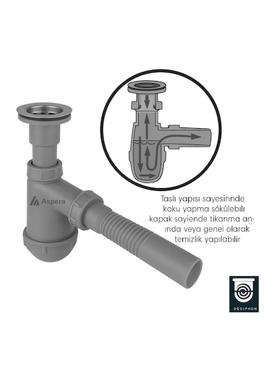 Koku Önleyici Gri Taslı Lavabo Sifonu - Temizlenebilir Hazne, Kör