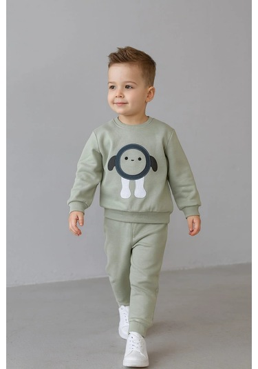 Erkek Çocuk Nakışlı İki Parça Eşofman Takımı %100 Pamuk Yeşil