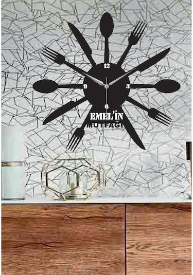 Kişiye Özel Mutfak Temalı Dekoratif Ahşap Duvar Saati Siyah